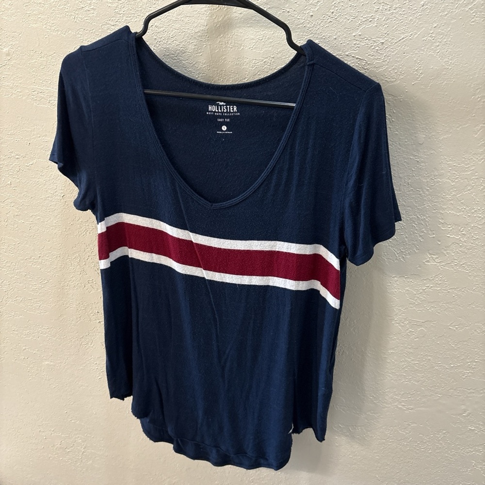 Hollister Blue and White Fitted Short Sleeve Tee
